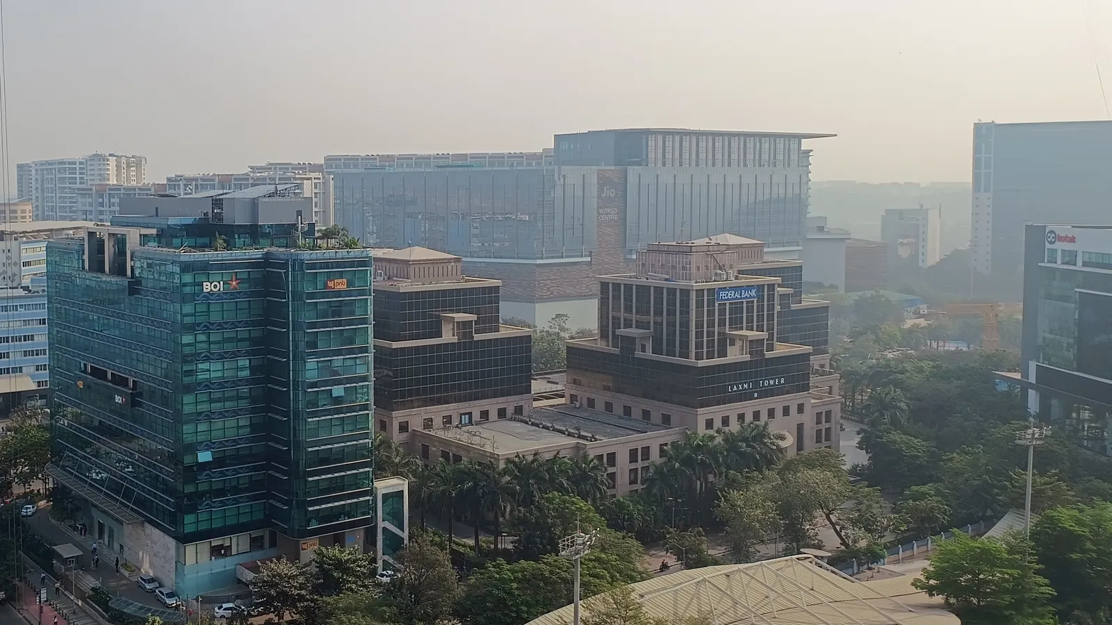 Bank offices in Mumbai’s Bandra Kurla Complex, among them Bank of India, Punjab National Bank, Federal Bank and Kotak, with the Jio World Centre behind.