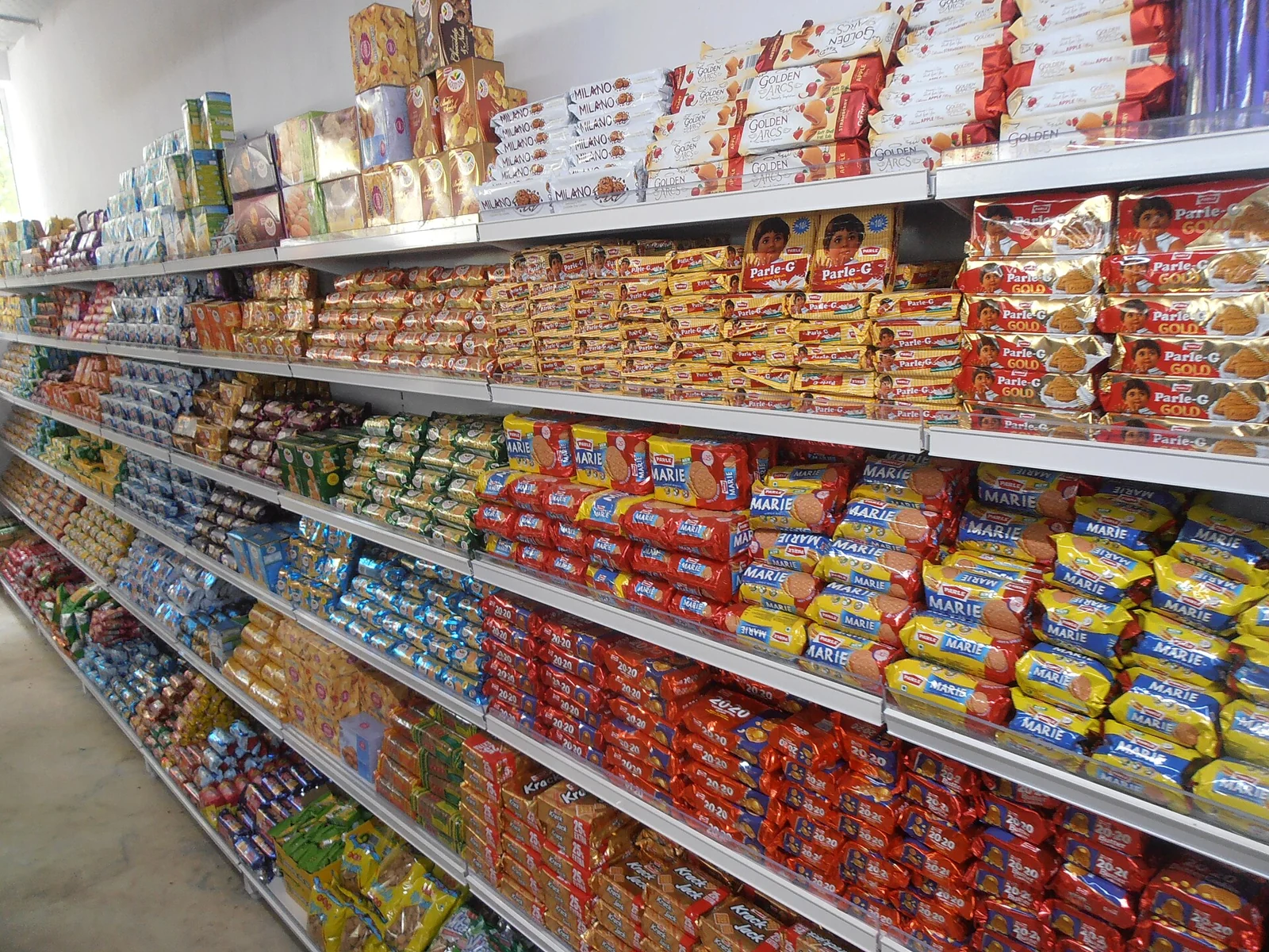 Packaged goods on supermarket shelves.
