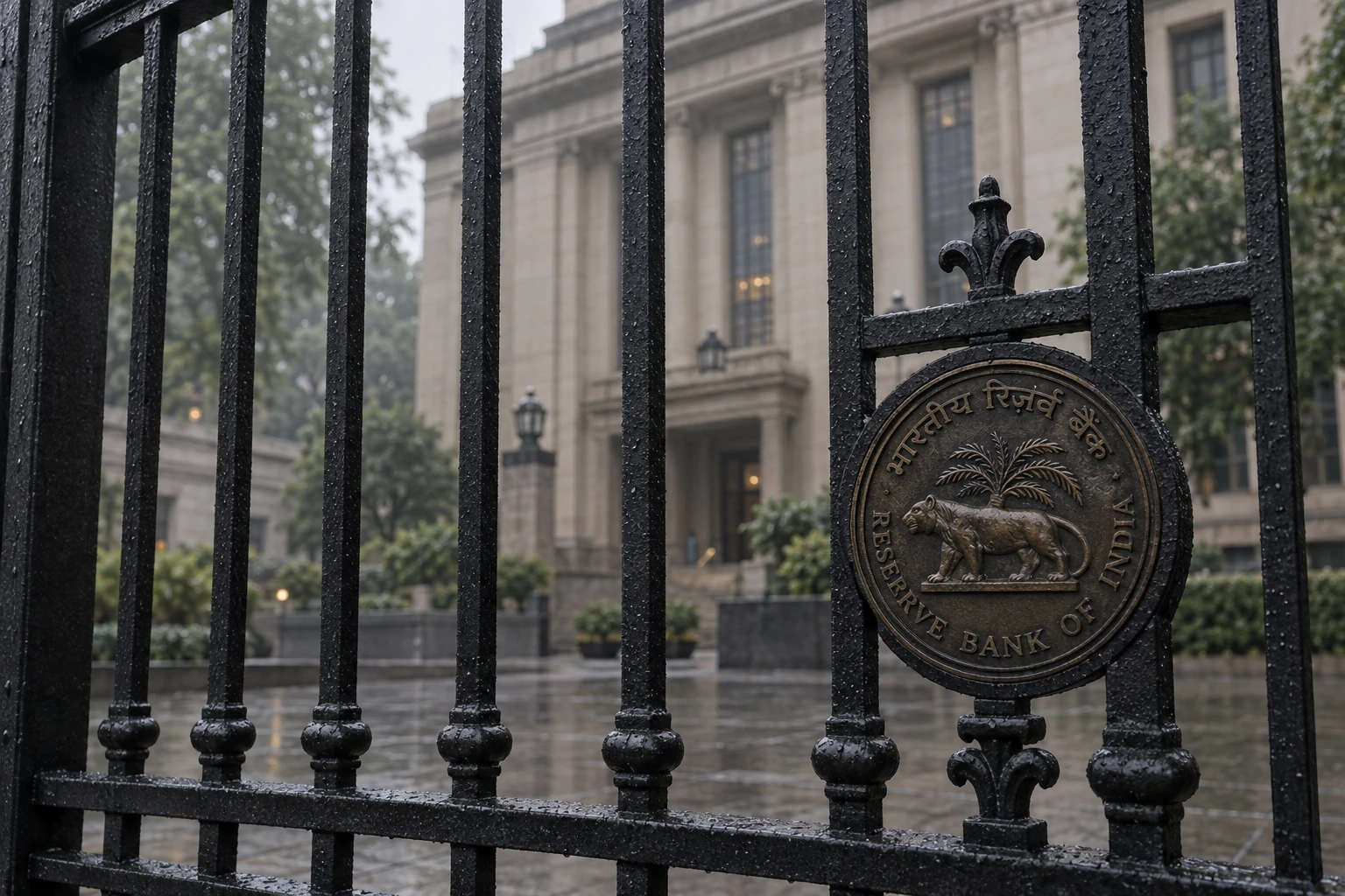 AI-generated editorial illustration of an imagined RBI gate and bank façade.